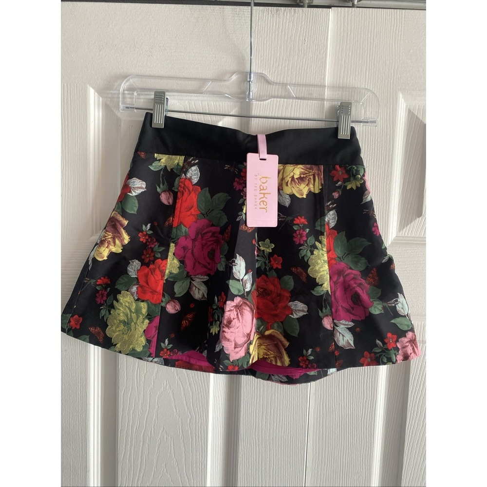 Baker by Ted Baker Floral Pleated Skirt Girls Size 7 Black Pink Rose Satin